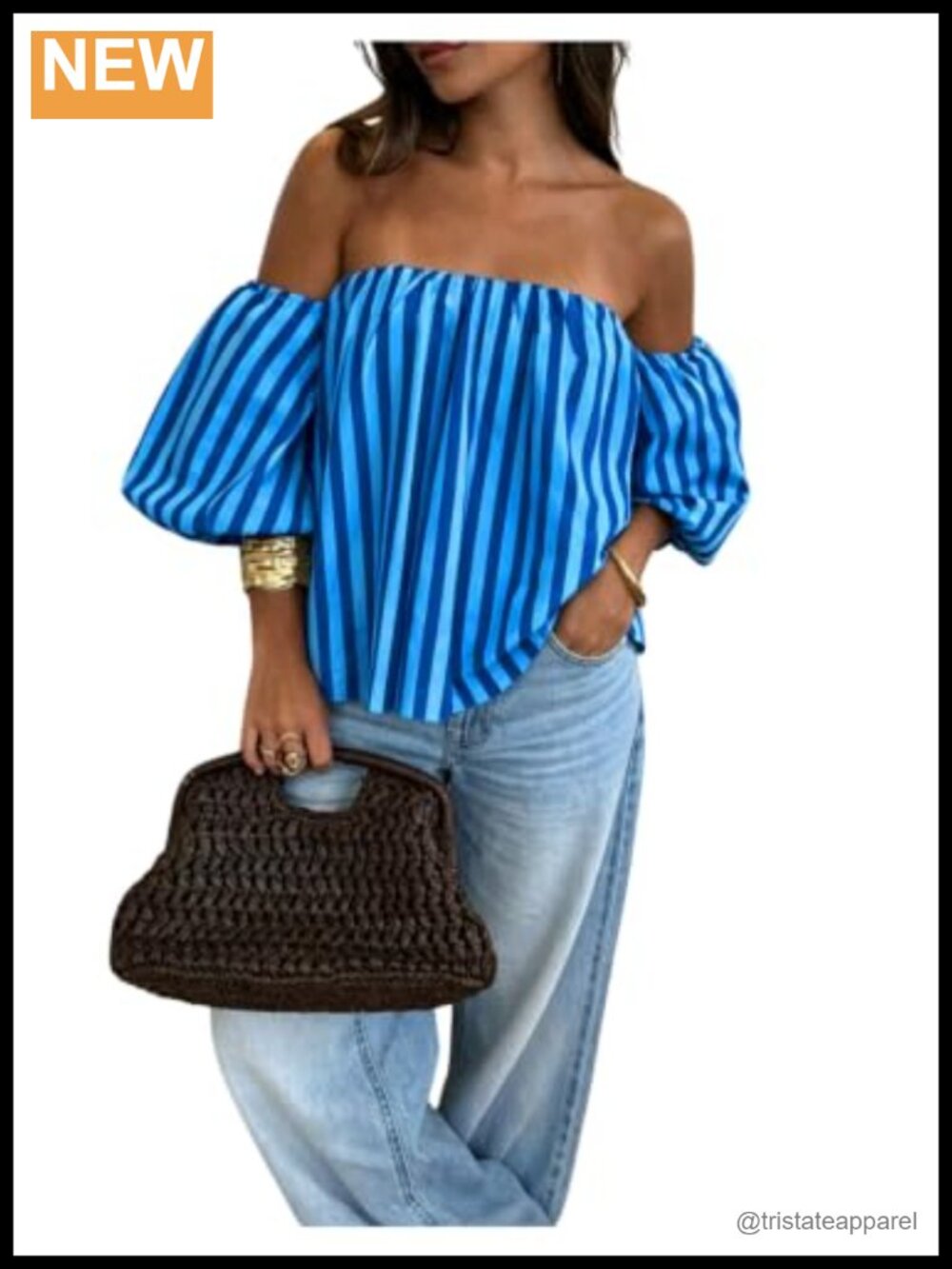 Women's Off Shoulder Striped Top Lantern Sleeve Loose Fit Beach Summer Blouse